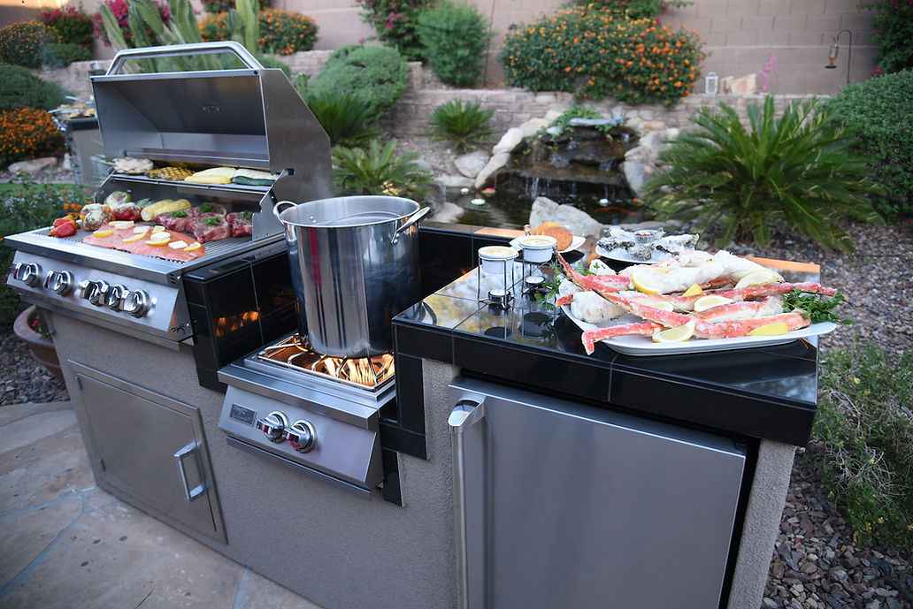 KoKoMo 7 ft 6 in BBQ Island with 4-Burner Grill, Wok Burner & Refrigerator