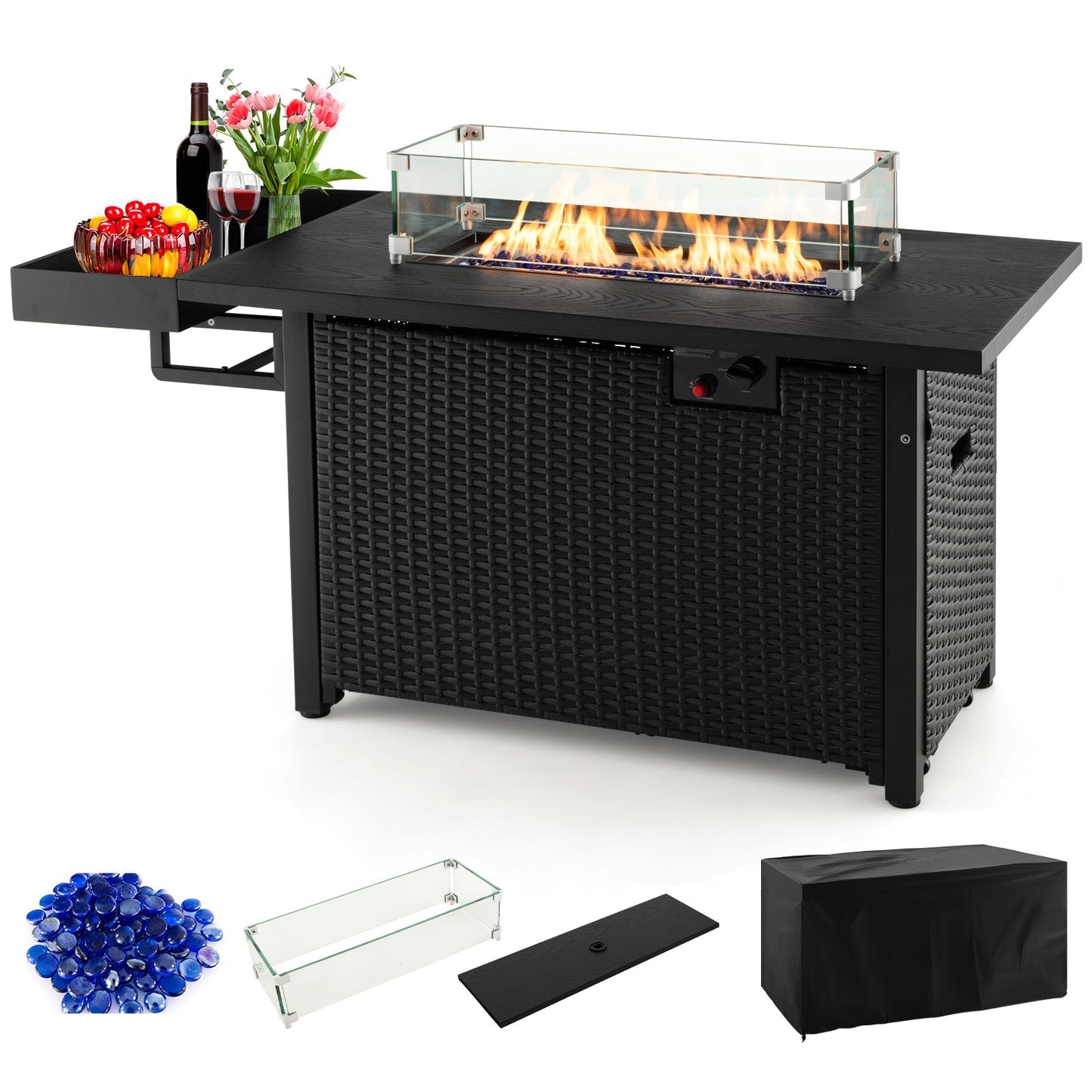 52 In. Outdoor Wicker Propane Gas Fire Pit Table with Cover – Black or Brown