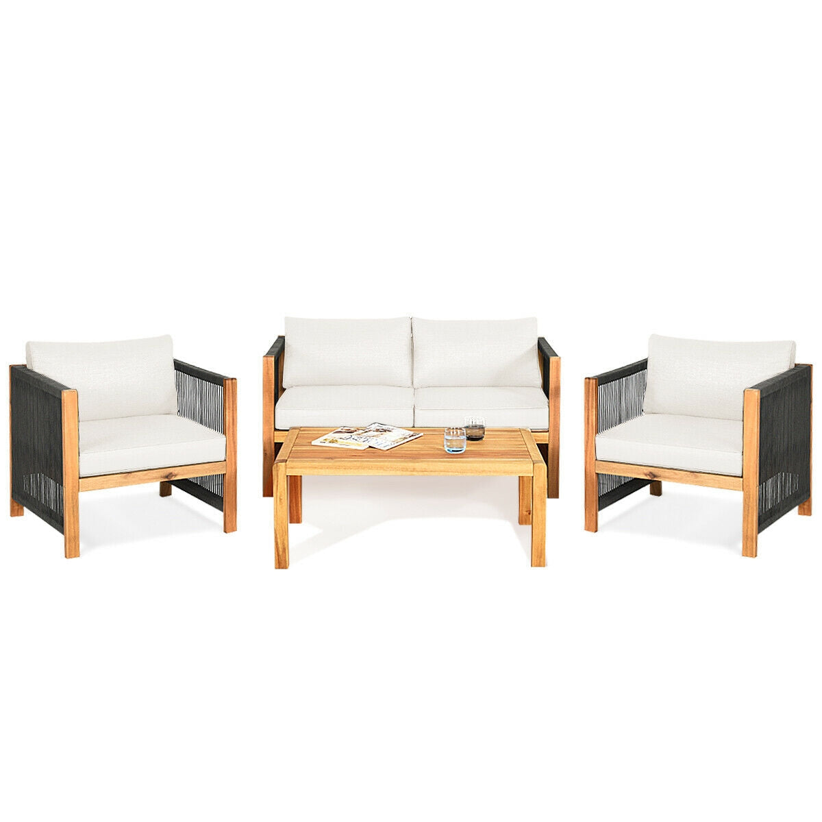 4-Piece Acacia Wood Patio Furniture Set with Cushions – Nylon Rope Armrests | Modular | Zippered Covers | Red, Turquoise, White & Gray