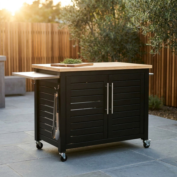 Black 48.5 In. Outdoor Kitchen Island Grill Cart with Wood Tabletop and Storage Cabinet — Studio Shot