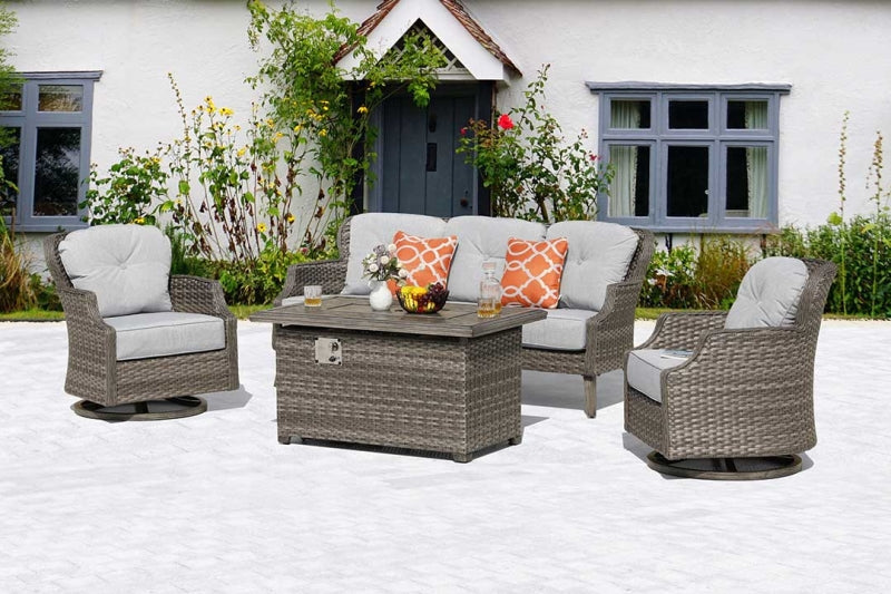 Tenaya 4-Piece Grey Wicker Firepit Patio Set with Swivel Rocking Chairs