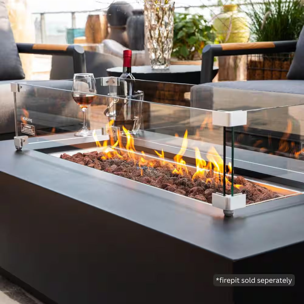Westwood 36 In. X 14 In. Rectangle Tempered Glass Fire Pit Table Wind Screen with Stainless Steel Attachment Clips