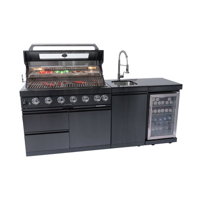 SC2401A 85-In. 304 Marine Grade SS Outdoor Kitchen Island – 85,000 BTU | 6 Burners + Infrared | 684 Sq In | Black Granite | Refrigerator