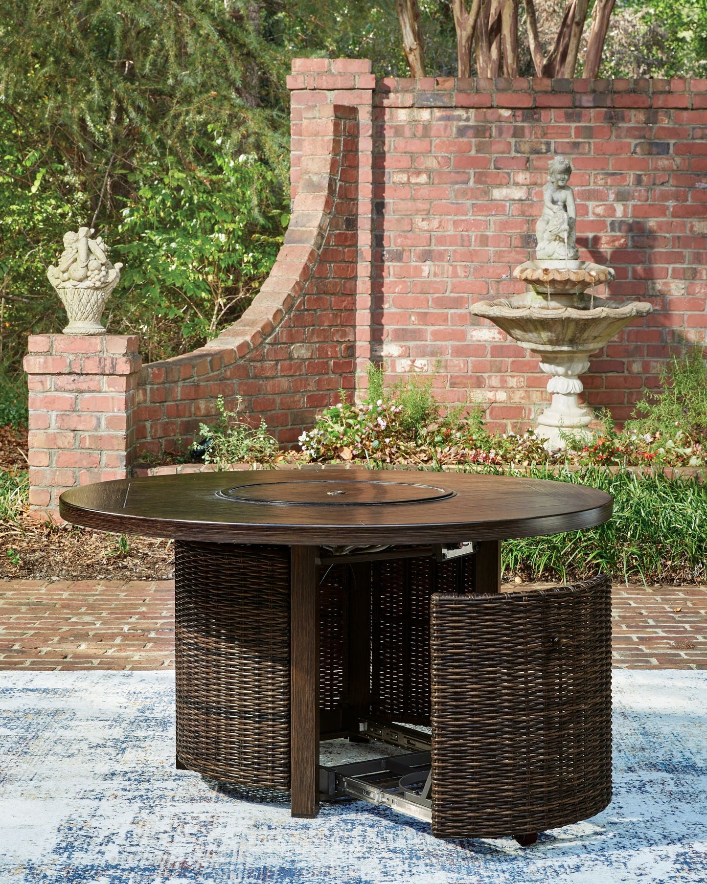 Monterey Point 48 In. Round Fire Pit Table – Dark Brown Resin Wicker