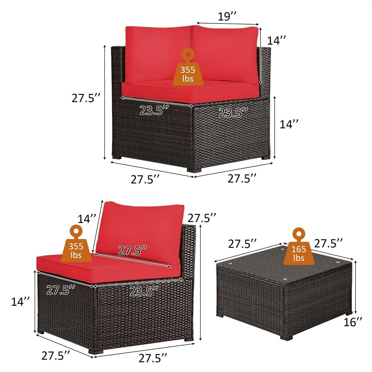 6-Piece PE Rattan Patio Sofa Set – 3 Corner Sofas + 2 Armless Sofas + Tempered Glass Table | Modular | Zippered Cushions | 5 Colors