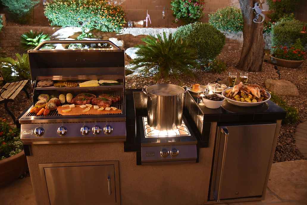 KoKoMo 7 ft 6 in BBQ Island with 4-Burner Grill, Wok Burner & Refrigerator