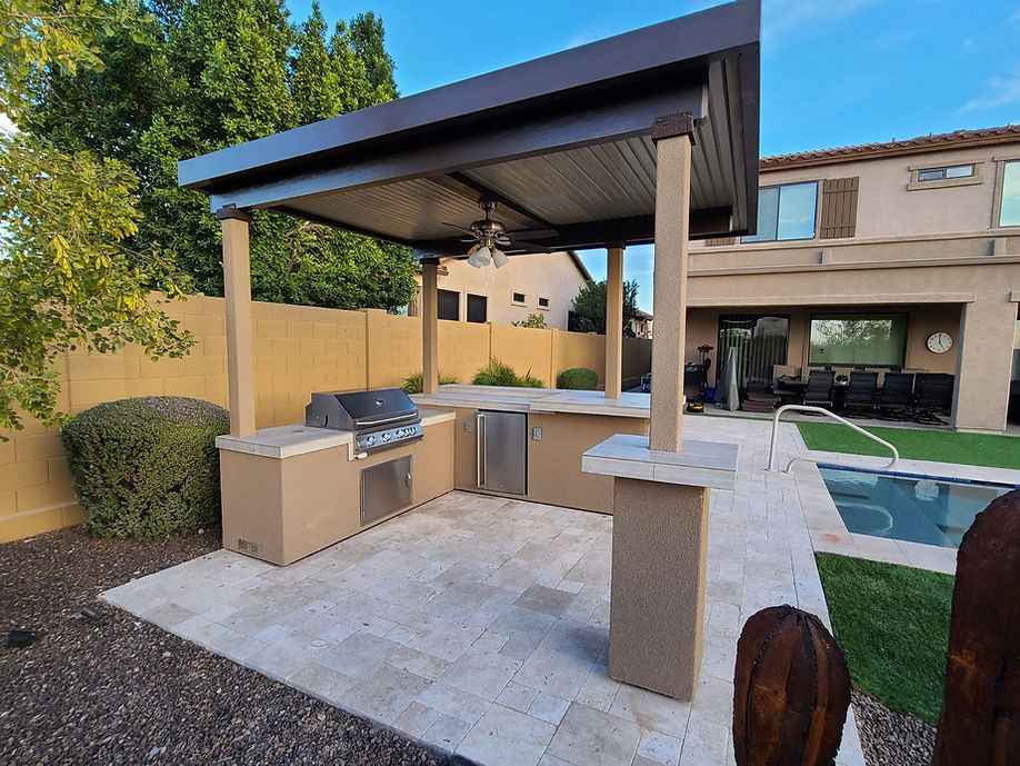KoKoMo Outdoor Kitchen with 12 x 12 ft Pergola, 4-Burner Grill & Refrigerator