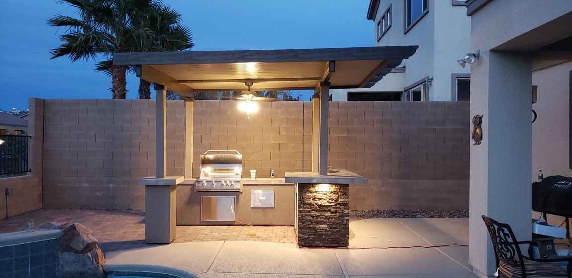 KoKoMo Outdoor Kitchen with 12 x 12 ft Pergola, 4-Burner Grill & Refrigerator