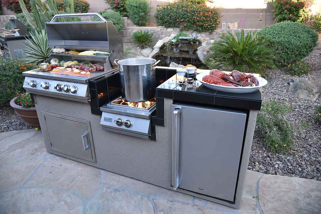KoKoMo 7 ft 6 in BBQ Island with 4-Burner Grill, Wok Burner & Refrigerator