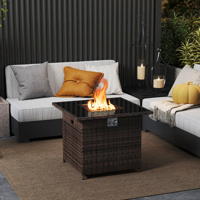 32.5-Inch Propane Fire Pit Table – 50,000 BTU | Tempered Glass Top, PE Rattan, CSA Certified | Brown, Black, Gray