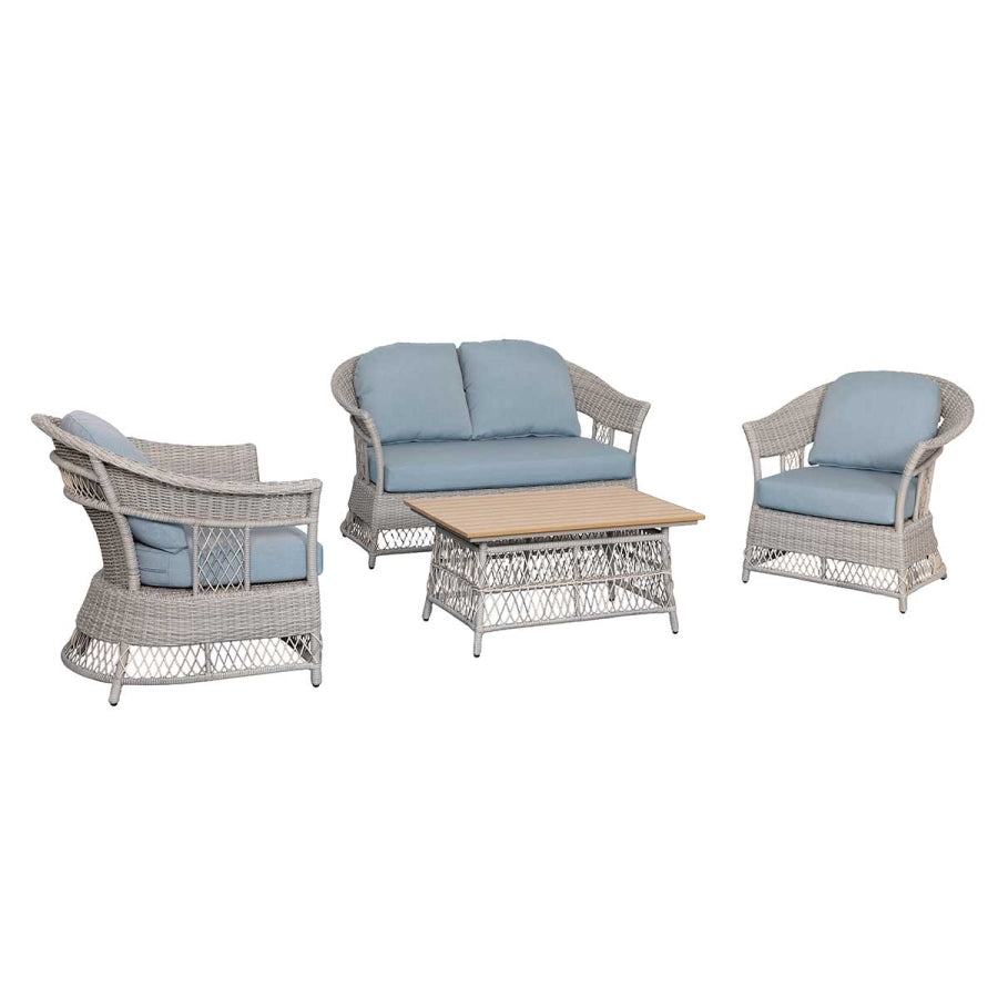 Shell 4-Piece Grey Wicker Patio Sofa Set with Blue Cushions