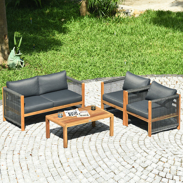 4-Piece Acacia Wood Patio Furniture Set with Cushions – Nylon Rope Armrests | Modular | Zippered Covers | Red, Turquoise, White & Gray