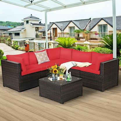 6-Piece PE Rattan Patio Sofa Set – 3 Corner Sofas + 2 Armless Sofas + Tempered Glass Table | Modular | Zippered Cushions | 5 Colors