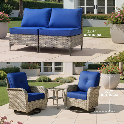 Outdoor Patio Furniture Set 9 Pieces Rattan Wicker Sectional with 42" Gas Fire Pit, Swivel Chairs, Solar Table, Navy Blue