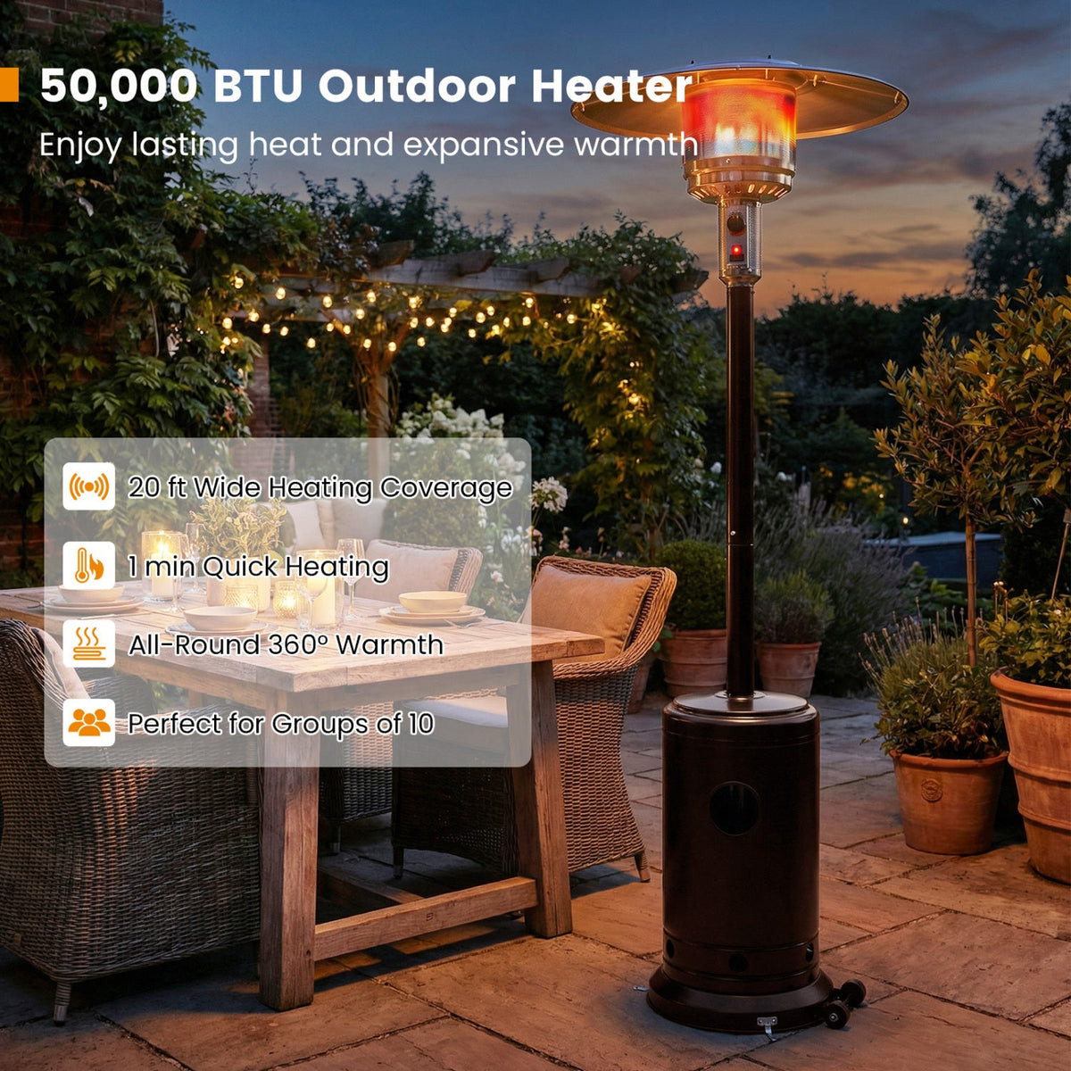50,000 BTU Propane Patio Heater with Stainless-Steel Burner