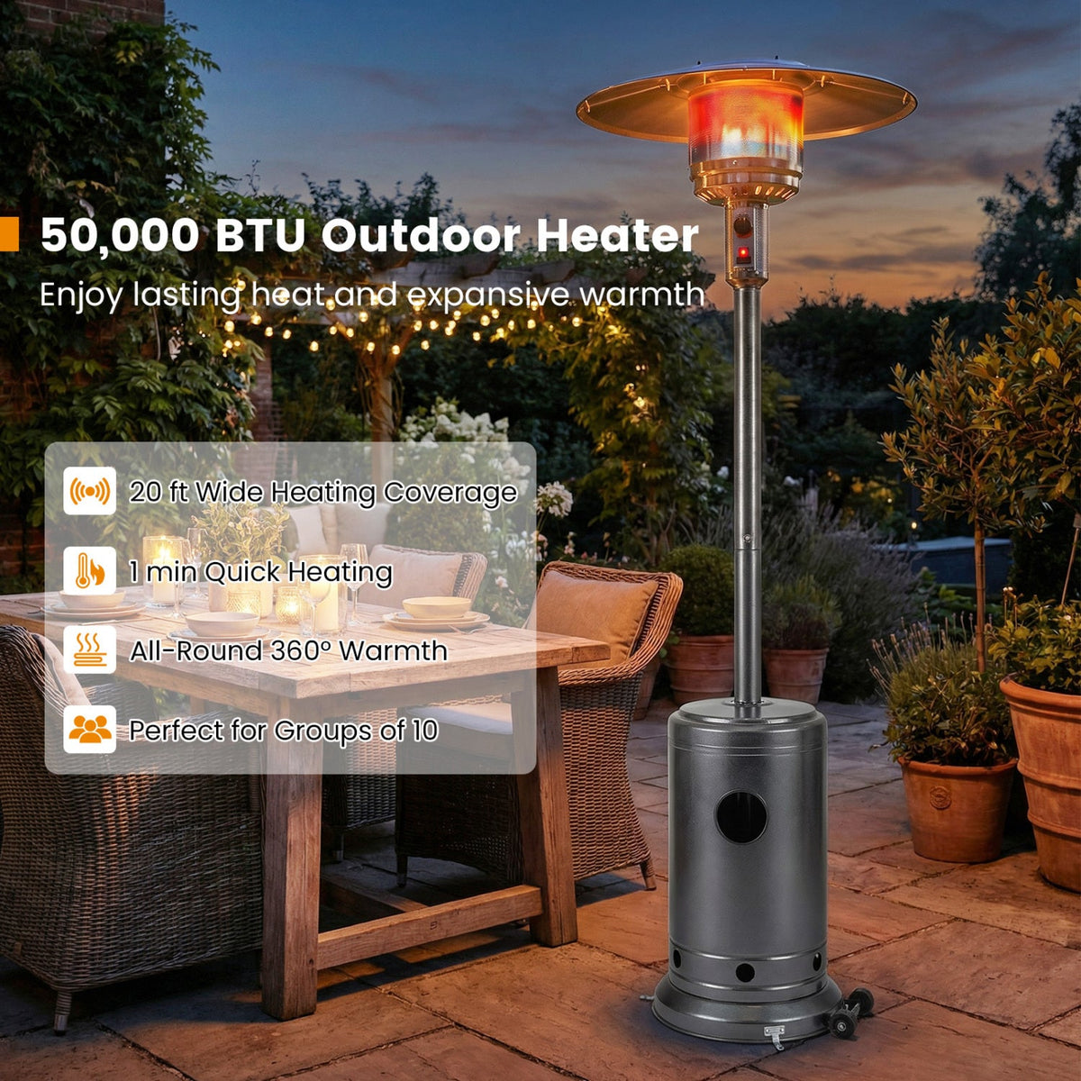 50,000 BTU Propane Patio Heater with Stainless-Steel Burner