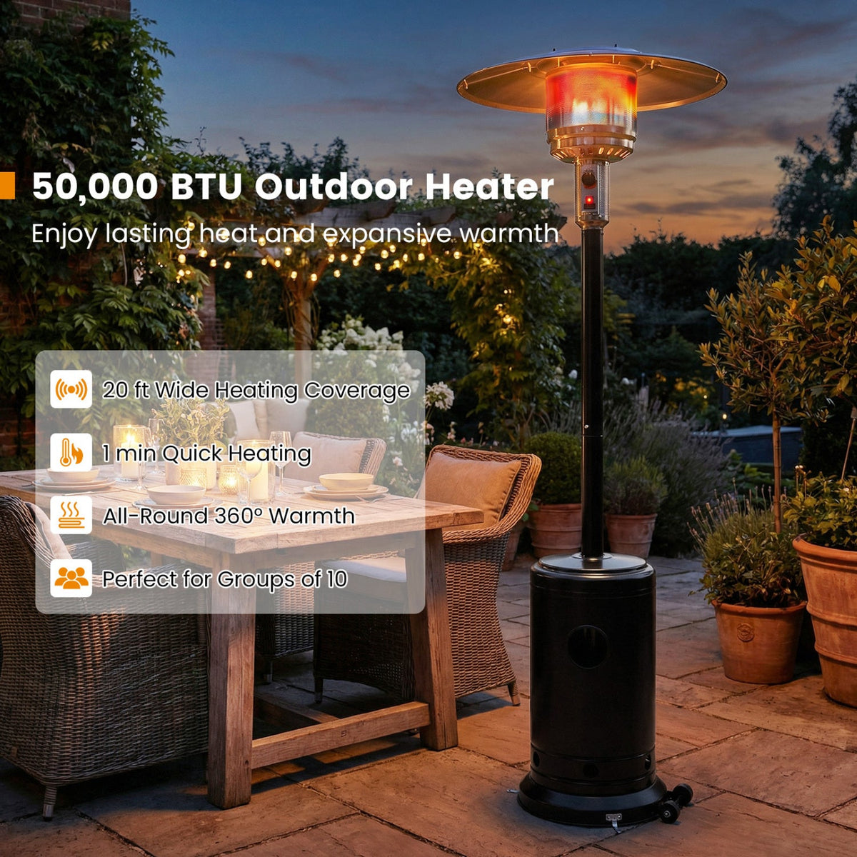 50,000 BTU Propane Patio Heater with Stainless-Steel Burner