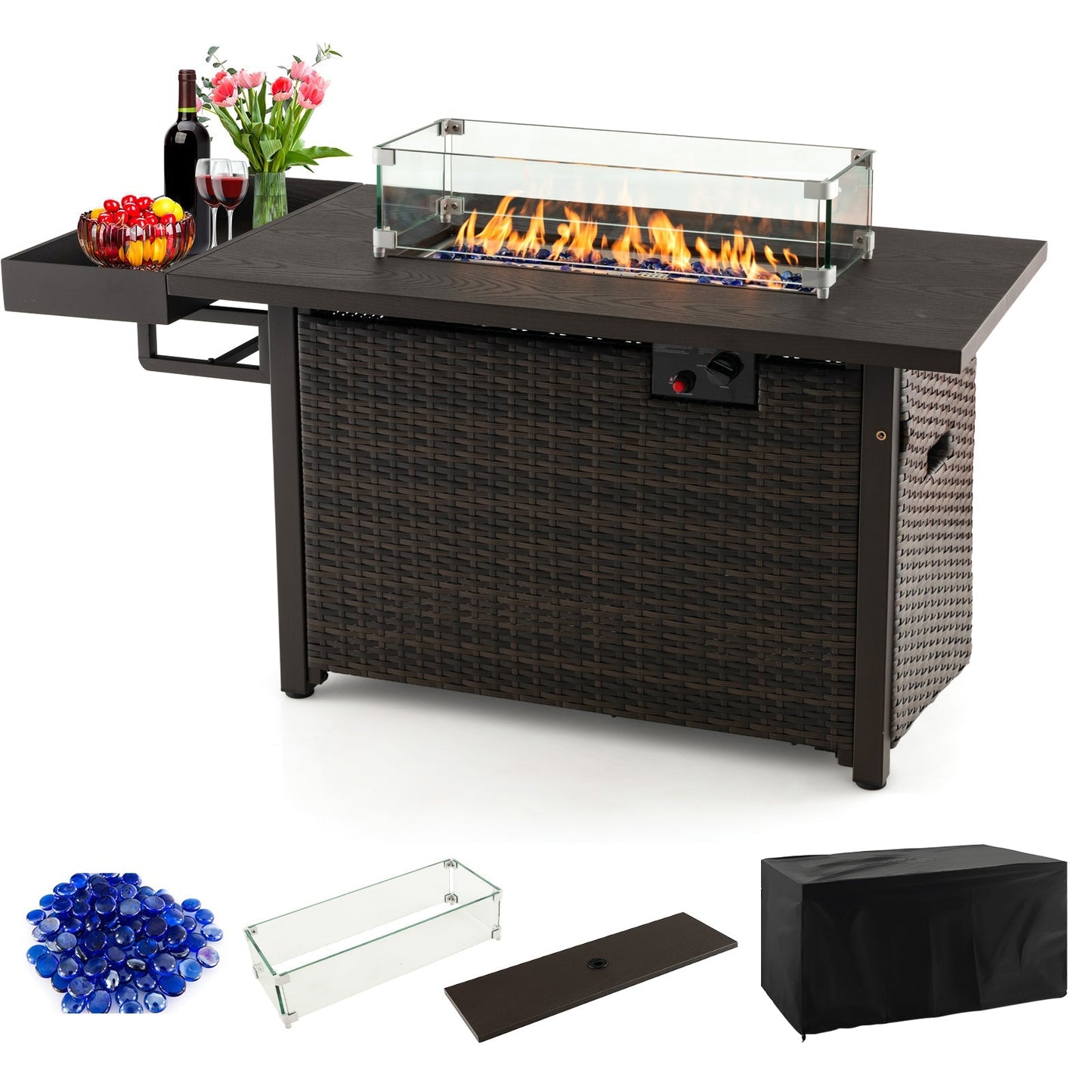 52 In. Outdoor Wicker Propane Gas Fire Pit Table with Cover – Black or Brown