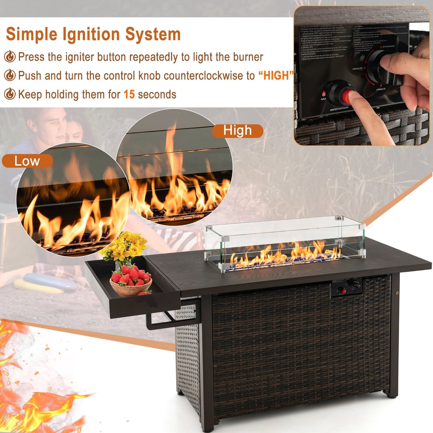 52 In. Outdoor Wicker Propane Gas Fire Pit Table with Cover – Black or Brown