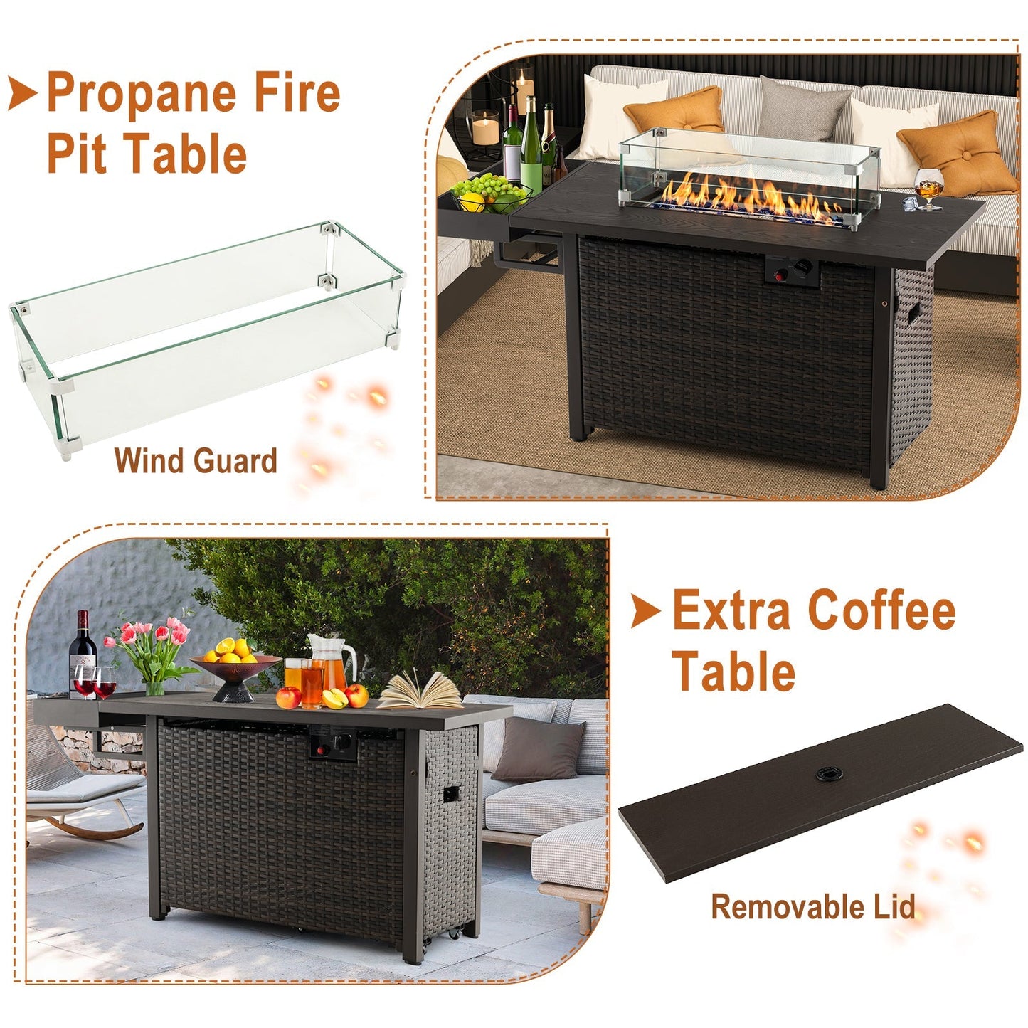 52 In. Outdoor Wicker Propane Gas Fire Pit Table with Cover – Black or Brown