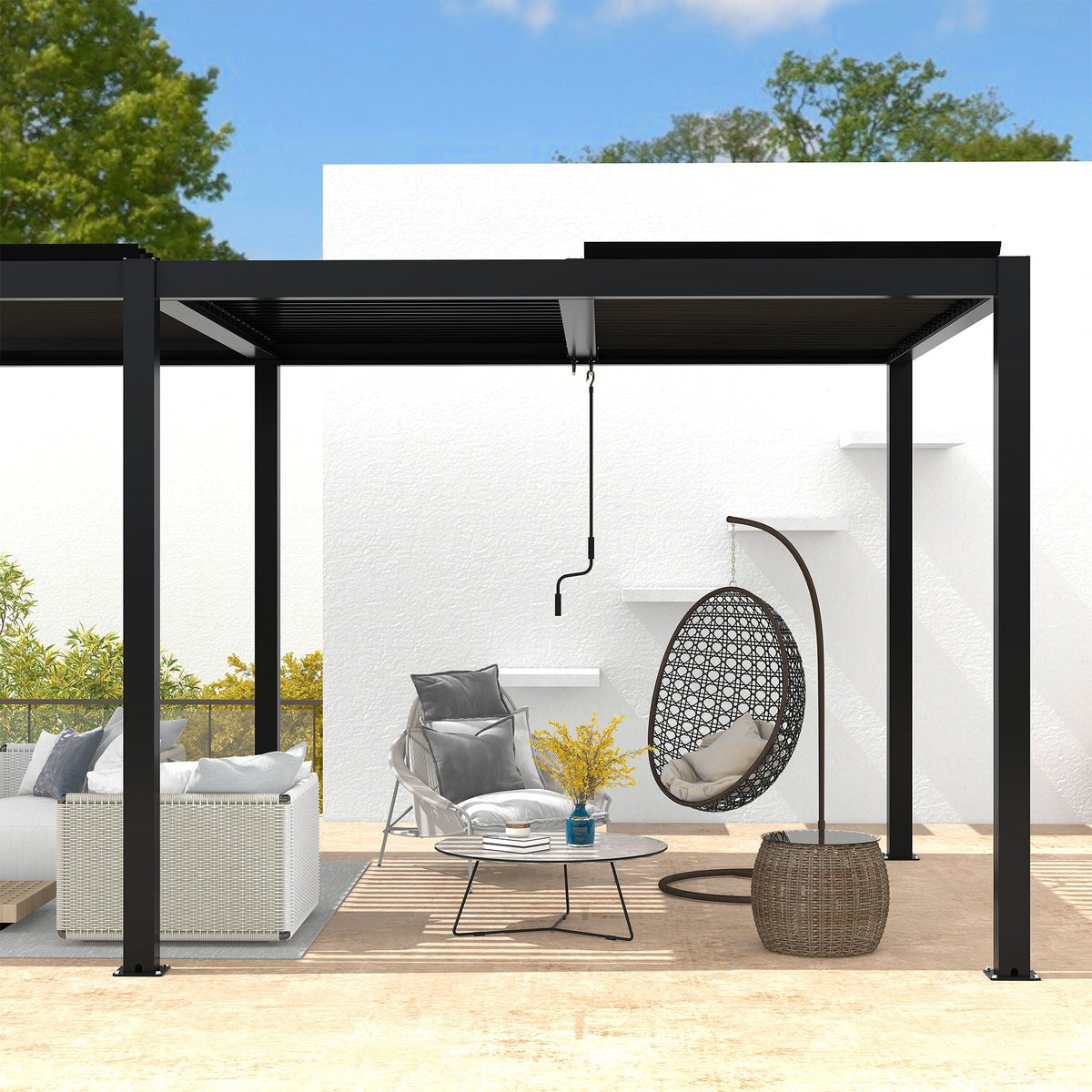 Black Aluminum Louvered Pergola, 118 x 228 x 90.5 in.