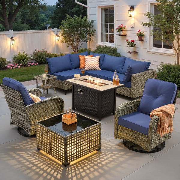 Outdoor Patio Furniture Set 9 Pieces Rattan Wicker Sectional with 42" Gas Fire Pit, Swivel Chairs, Solar Table, Navy Blue