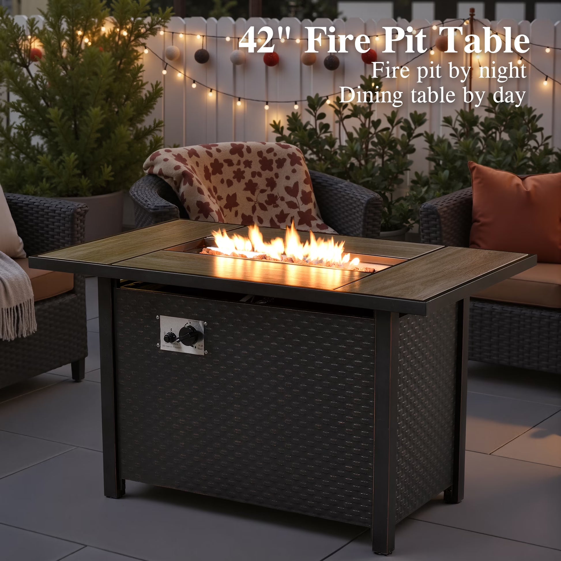 Outdoor Patio Furniture Set 9 Pieces Rattan Wicker Sectional with 42" Gas Fire Pit, Swivel Chairs, Solar Table, Navy Blue