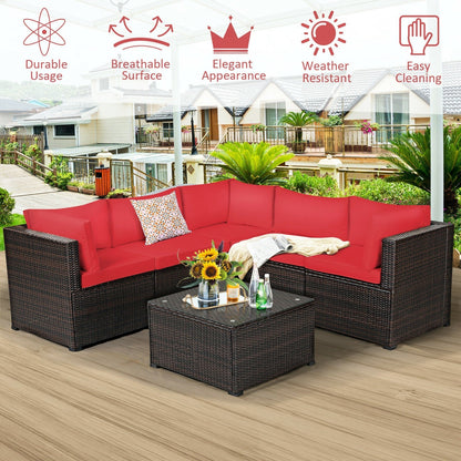 6-Piece PE Rattan Patio Sofa Set – 3 Corner Sofas + 2 Armless Sofas + Tempered Glass Table | Modular | Zippered Cushions | 5 Colors