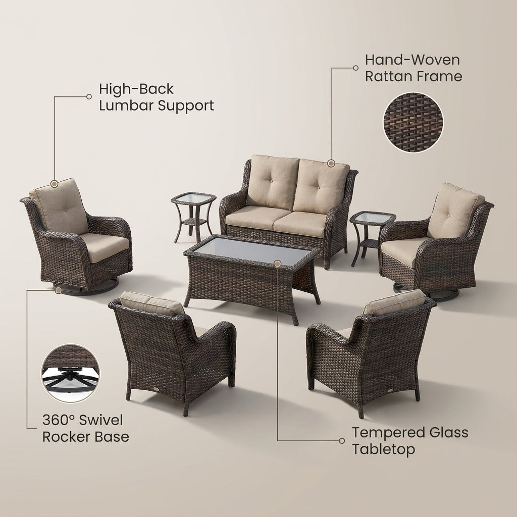 8 Pieces Patio Furniture Sets with Swivel Rocking Chairs,High-Back Rattan Patio Outdoor Conversation Set with 2-Seat Sofa & Coffee Table for Porch Deck Backyard Poolside — Lifestyle