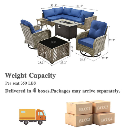 Outdoor Patio Furniture Set 9 Pieces Rattan Wicker Sectional with 42" Gas Fire Pit, Swivel Chairs, Solar Table, Navy Blue