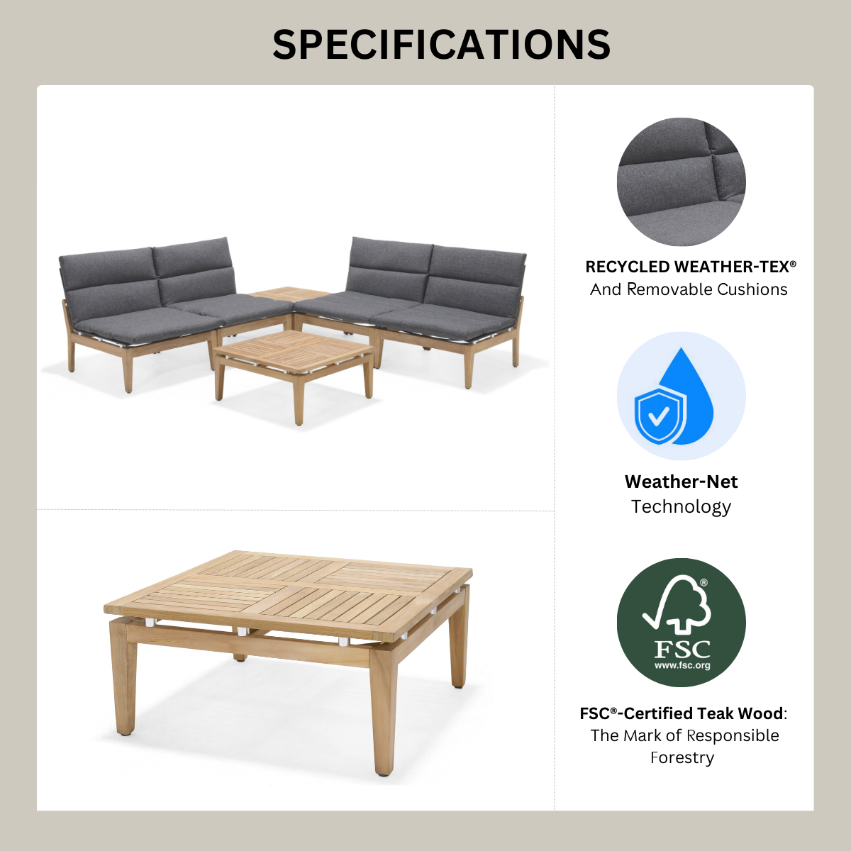 Arno 6-Piece Teak Outdoor Set with Dark Cushions