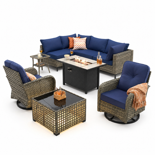 Outdoor Patio Furniture Set 9 Pieces Rattan Wicker Sectional with 42" Gas Fire Pit, Swivel Chairs, Solar Table, Navy Blue