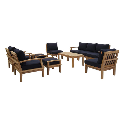 Patio Elegance Marina 10-Piece Teak Patio Set with Navy Cushions