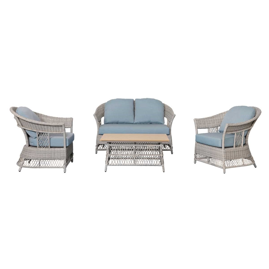 Shell 4-Piece Grey Wicker Patio Sofa Set with Blue Cushions