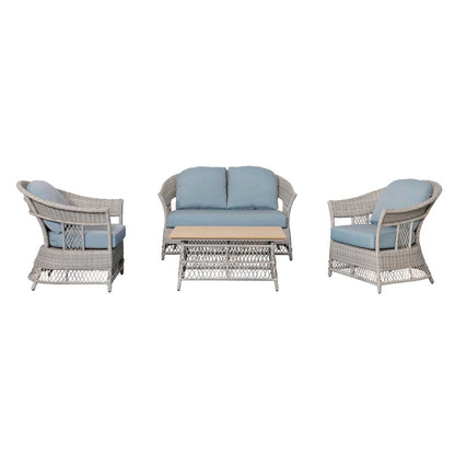 Shell 4-Piece Grey Wicker Patio Sofa Set with Blue Cushions