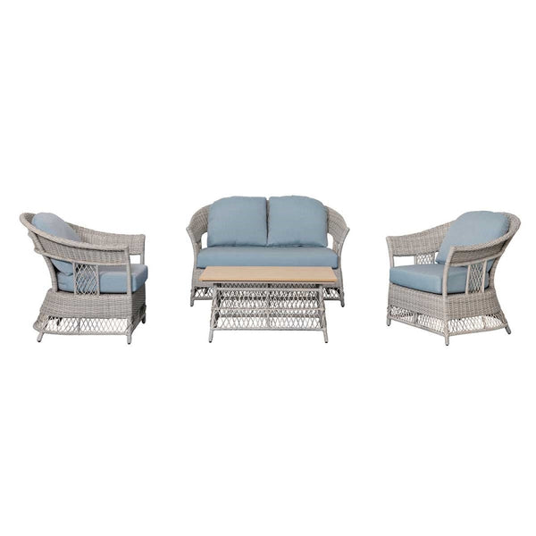 Shell 4-Piece Grey Wicker Patio Sofa Set with Blue Cushions