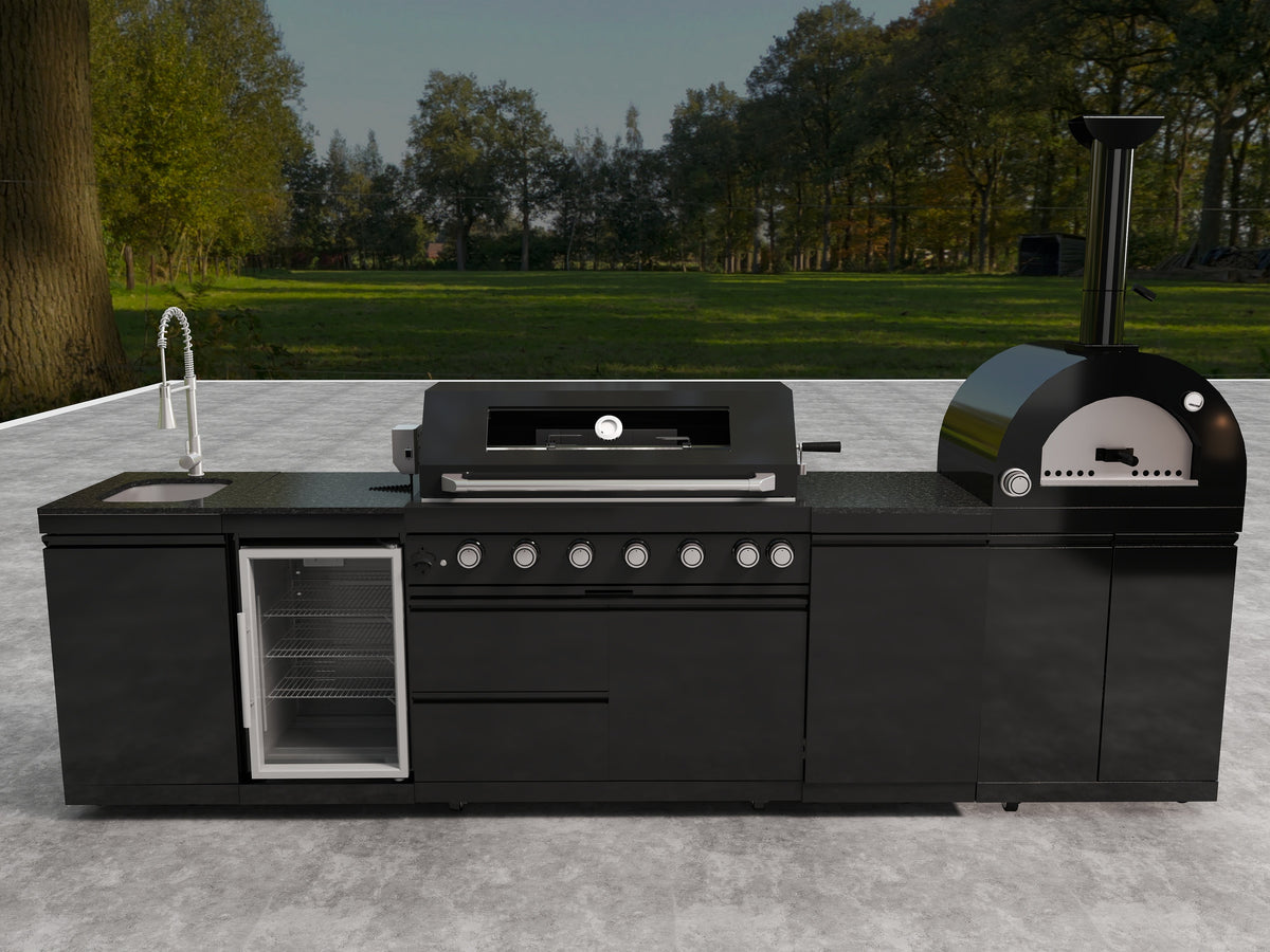 128-In. Double 304 Marine Grade SS Outdoor Kitchen – 120,000 BTU | BBQ Grill + Pizza Oven + Wine Cooler | Black Granite