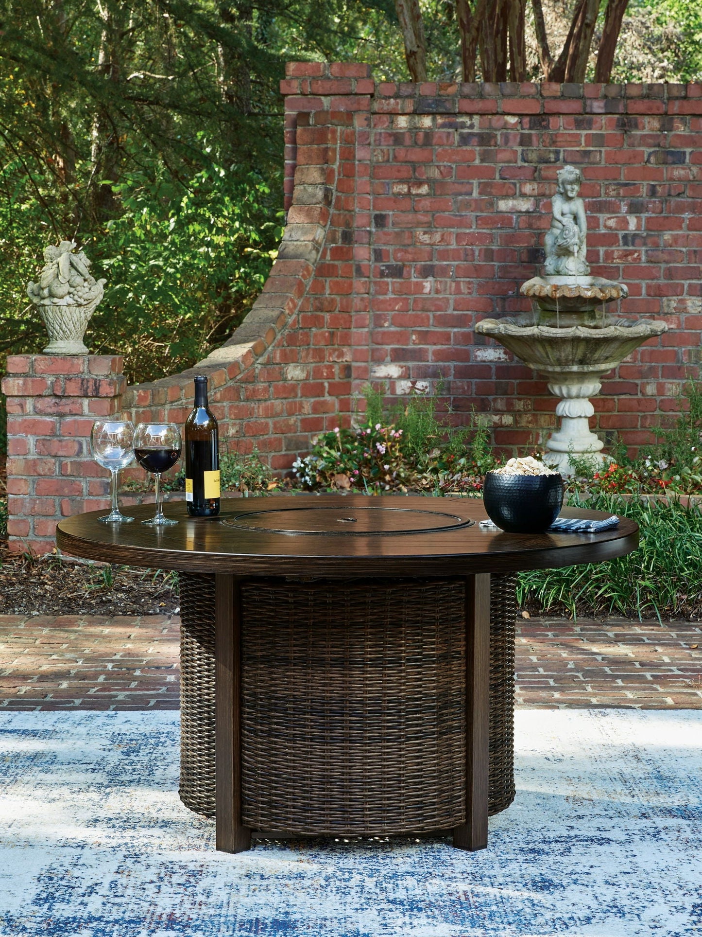 Monterey Point 48 In. Round Fire Pit Table – Dark Brown Resin Wicker