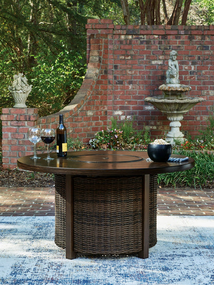 Monterey Point 48 In. Round Fire Pit Table – Dark Brown Resin Wicker