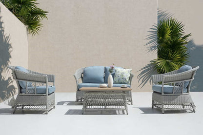 Shell 4-Piece Grey Wicker Patio Sofa Set with Blue Cushions