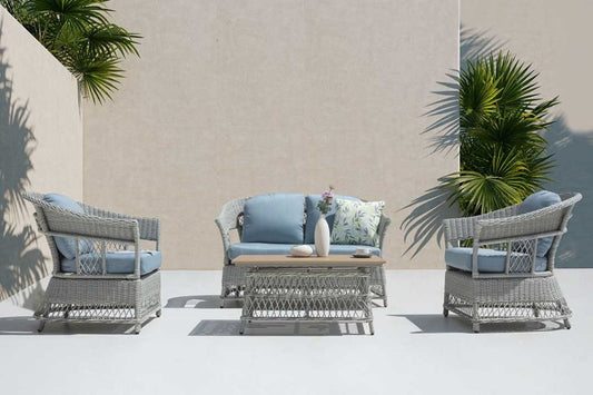 Shell 4-Piece Grey Wicker Patio Sofa Set with Blue Cushions