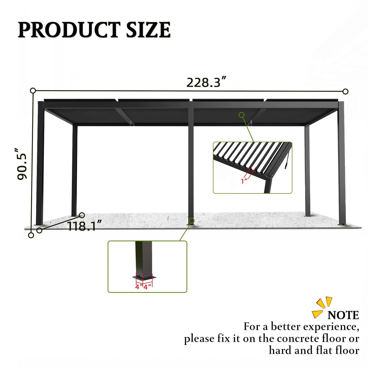 Black Aluminum Louvered Pergola, 118 x 228 x 90.5 in.