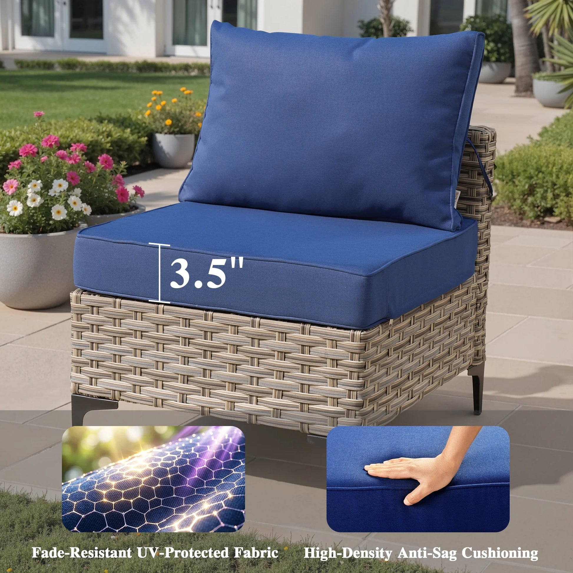 Outdoor Patio Furniture Set 9 Pieces Rattan Wicker Sectional with 42" Gas Fire Pit, Swivel Chairs, Solar Table, Navy Blue
