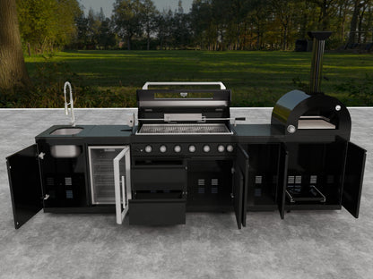 128-In. Double 304 Marine Grade SS Outdoor Kitchen – 120,000 BTU | BBQ Grill + Pizza Oven + Wine Cooler | Black Granite