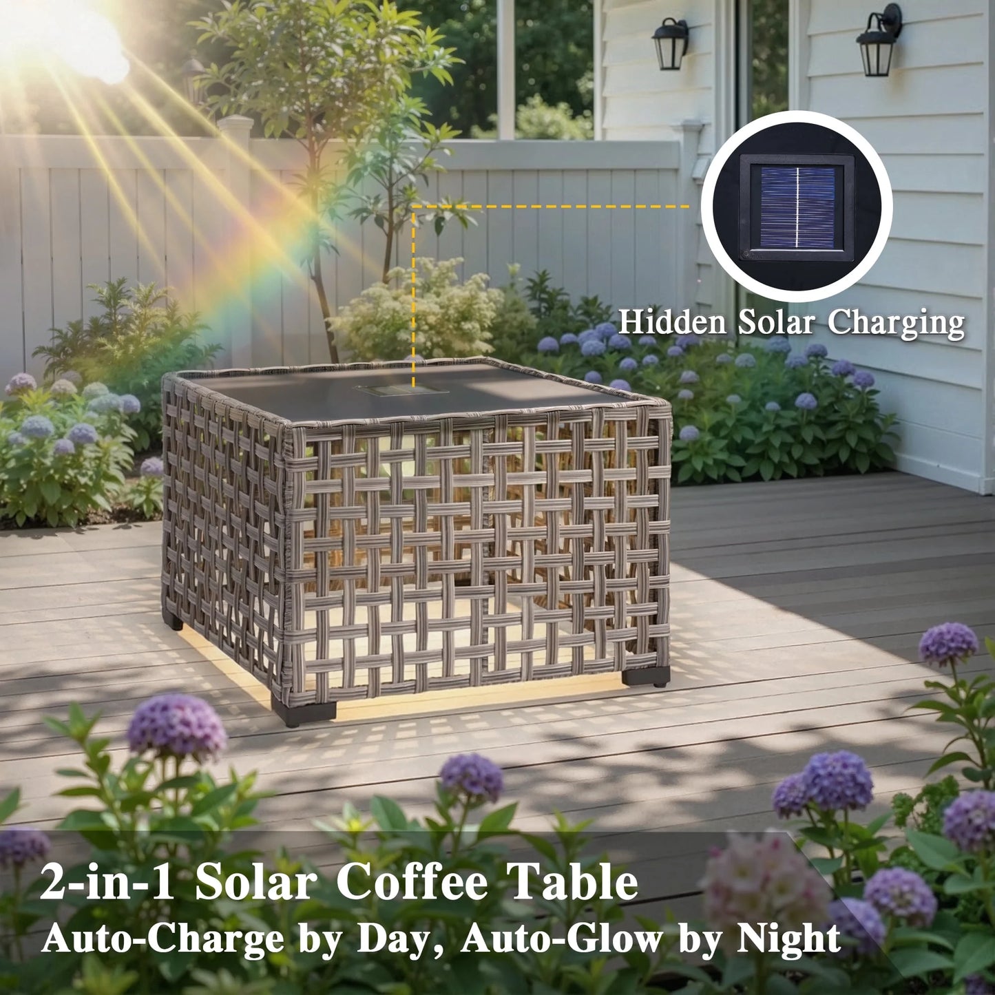 Outdoor Patio Furniture Set 9 Pieces Rattan Wicker Sectional with 42" Gas Fire Pit, Swivel Chairs, Solar Table, Navy Blue
