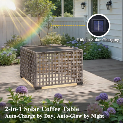 Outdoor Patio Furniture Set 9 Pieces Rattan Wicker Sectional with 42" Gas Fire Pit, Swivel Chairs, Solar Table, Navy Blue