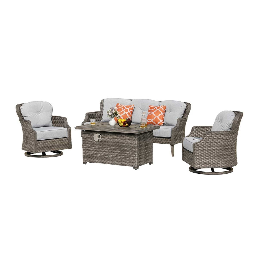 Tenaya 4-Piece Grey Wicker Firepit Patio Set with Swivel Rocking Chairs