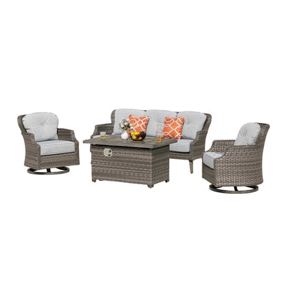 Tenaya 4-Piece Grey Wicker Firepit Patio Set with Swivel Rocking Chairs