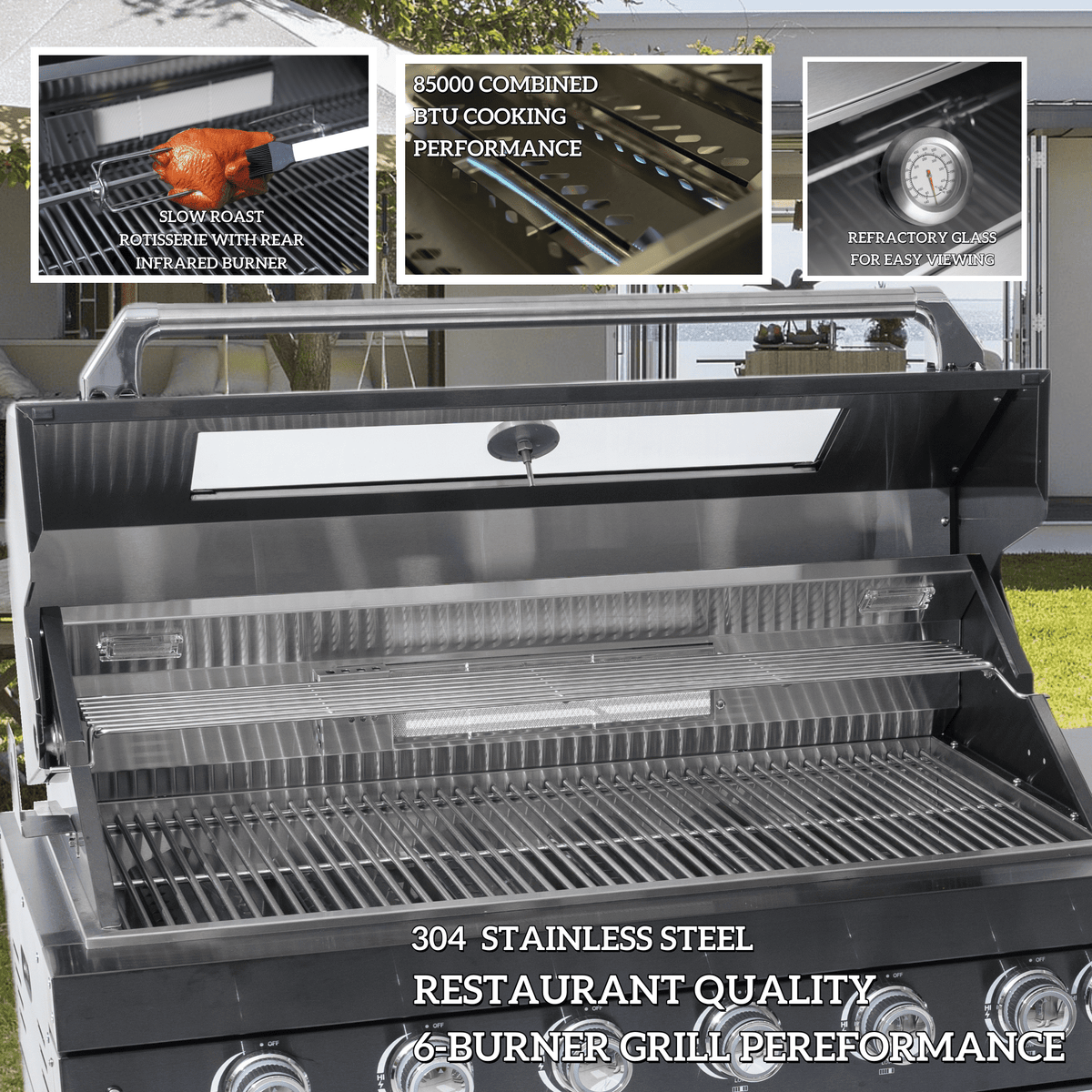 128-In. Double 304 Marine Grade SS Outdoor Kitchen – 120,000 BTU | BBQ Grill + Pizza Oven + Wine Cooler | Black Granite