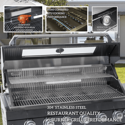128-In. Double 304 Marine Grade SS Outdoor Kitchen – 120,000 BTU | BBQ Grill + Pizza Oven + Wine Cooler | Black Granite